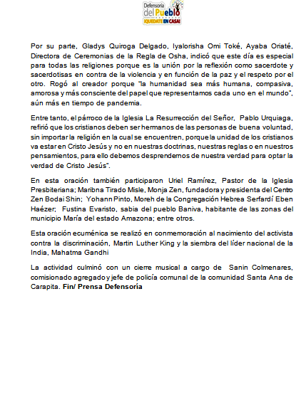 La Defensoría del Pueblo, por cuarto año consecutivo, realiza una oración ecuménica, esta vez a favor de la paz y la salud mundial, con la participación de distintas religiones y credos, en un diálogo interreligioso de acercamiento y trabajo conjunto. <a href="/Defensoria_Vzla/">Defensor del Pueblo</a> ▶️Boletín