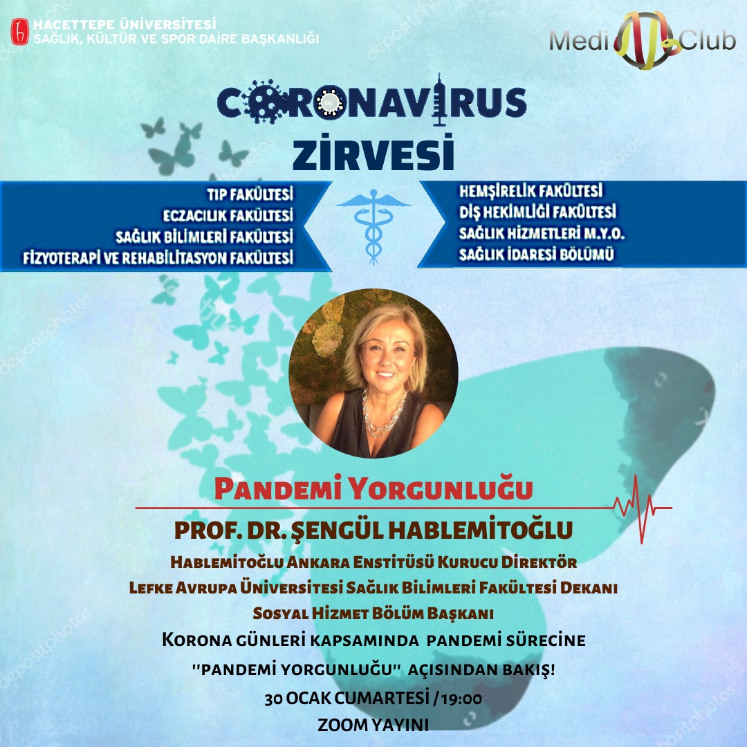 Sağlığın her alanından hocalarımızın katılım göstereceği, pandemi sürecini kendi branşlarının gözünden değerlendireceği ve bilgiler vereceği "Coronavirüs Zirvesi"nin altıncı oturumu 30 Ocak 2021 Cumartesi günü saat 19.00'de gerçekleşecek. 🙆‍♀️