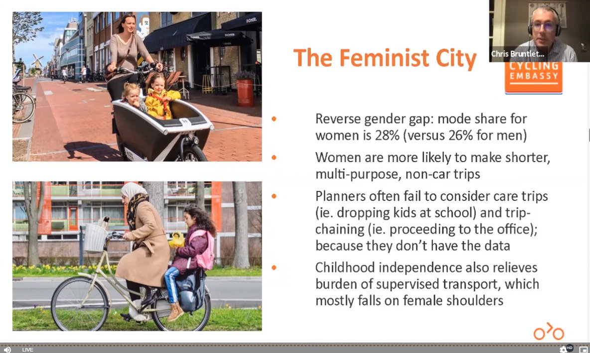 3/ In the NL, the mode share is flipped from the US's MAMIL-driven perception of bicycling. Women are more likely to be riding for utility, taking kids to school, etc.