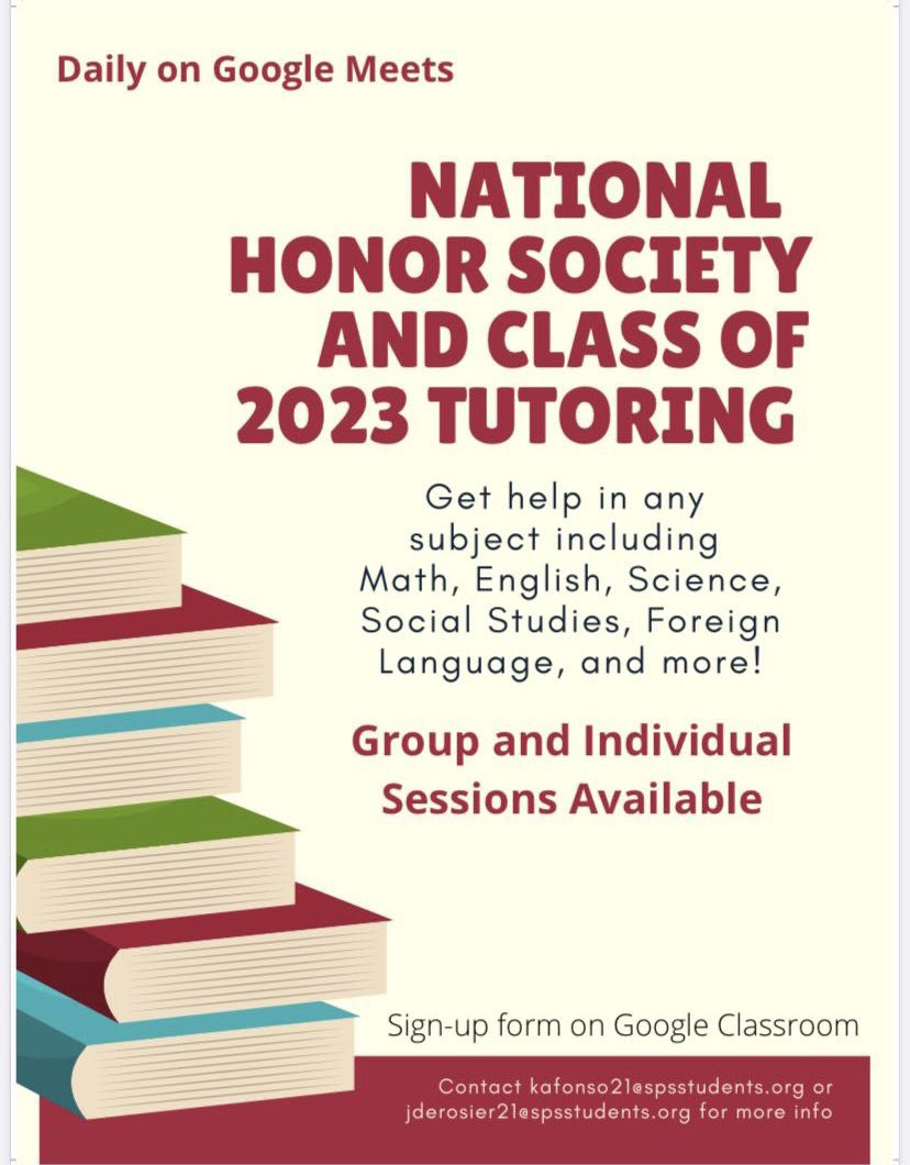 National Honor Society and Class of 2023 Tutoring!
You can get help in any subject including, Math, English, Science, Social Studies, Foreign Language, and more!

Group and individual sessions will be held daily!

The sign up link will be posted in our bio!