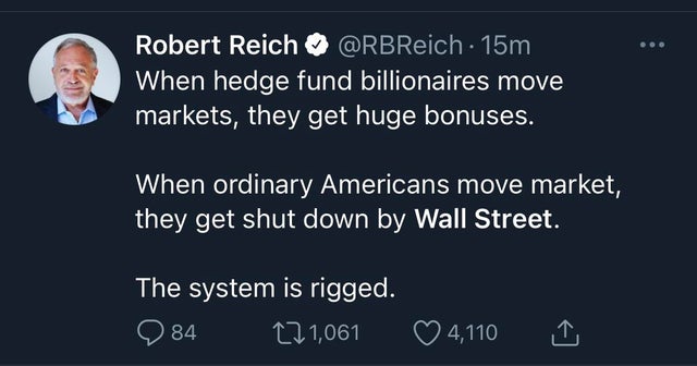 24/ This begins a rallying cry that spreads like wildfire across the internet. This isn't about  $GME at all.This is about a society where the people with all the money dictate the rules. And for once, it's the disenfranchised who have "all the money."The Big Short Squeeze