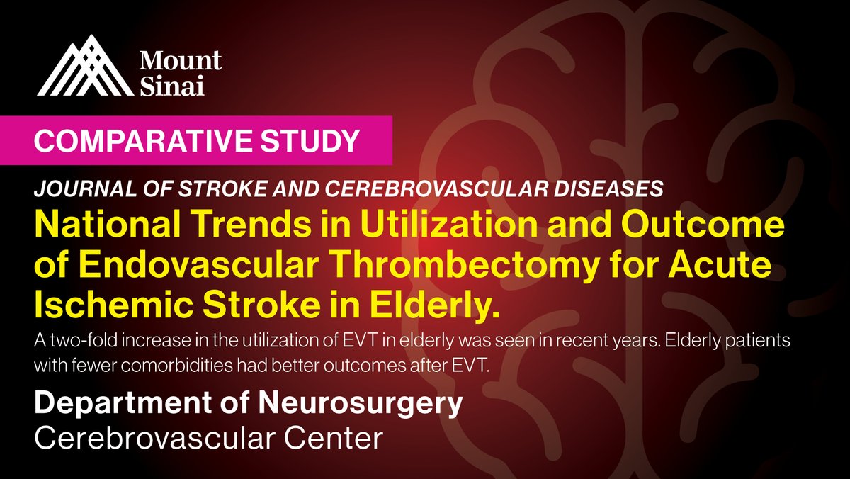 Mount Sinai Neurosurgery (@mountsinaineuro) on Twitter photo A two-fold increase in the utilization of #EVT in the elderly was seen in recent years. Elderly patients with fewer comorbidities had better outcomes after EVT. strokejournal.org/article/S1052-… #Endovascular #Thrombectomy #Stroke #AIS #Vascular <a href="/MountSinaiCVC/">Mount Sinai Cerebrovascular</a> <a href="/MSHSNeurology/">Mount Sinai Neurology</a> <a href="/SinaiBrain/">Friedman Brain Institute</a> A two-fold increase in the utilization of #EVT in the elderly was seen in recent years. Elderly patients with fewer comorbidities had better outcomes after EVT. strokejournal.org/article/S1052-… #Endovascular #Thrombectomy #Stroke #AIS #Vascular <a href="/MountSinaiCVC/">Mount Sinai Cerebrovascular</a> <a href="/MSHSNeurology/">Mount Sinai Neurology</a> <a href="/SinaiBrain/">Friedman Brain Institute</a>