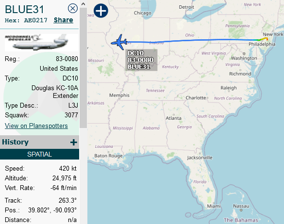 SirListenalot's tweet photo. #KC10 #BLUE31 at FL250. I'm pretty sure he's dragging #F16 #RETRO84. To Nellis? 🤔 https://t.co/GhNLPAeVkR