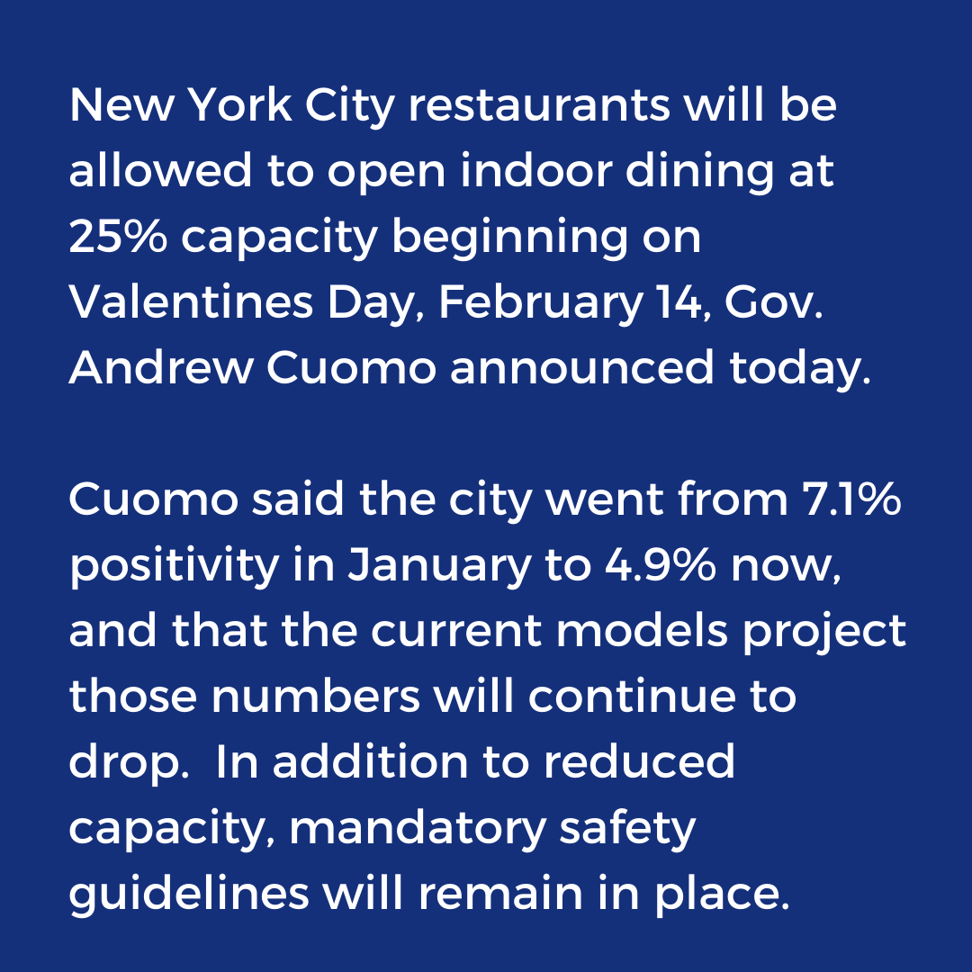 BergsteinFlynn's tweet photo. Governor @nygovcuomo announced today that indoor dining may begin at 25% capacity again on February 14th. Read more here: https://t.co/51WsPhNu97 https://t.co/0qP5XpC1PA