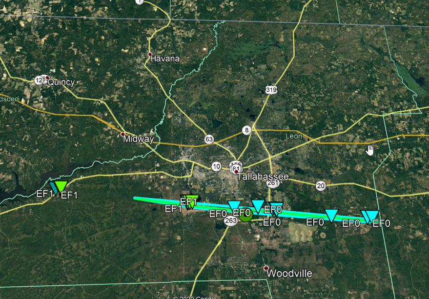 NWSTallahassee's tweet photo. 1/29: Good afternoon! The updated PNS for Tuesday's tornadoes can be found below. Two EF-1 tornadoes touched down in Leon County: first a brief touchdown in the western part of the county and then the longer track tornado starting just west of the airport. https://t.co/ium8d5GqxA https://t.co/paink1Hyhu