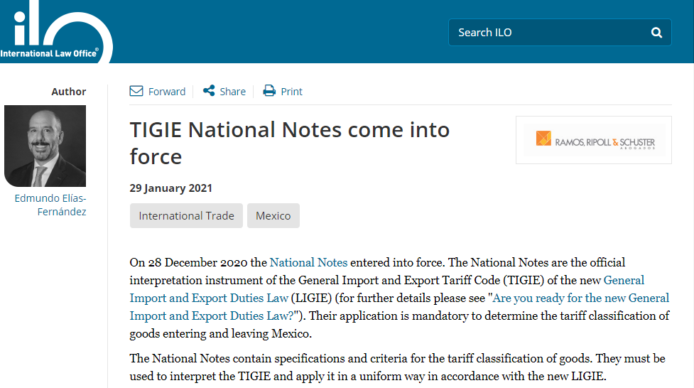 In our most recent contribution to <a href="/ILOinfo/">International Law Office</a>, <a href="/edmundoelias67/">Edmundo Elias</a> explains the TIGIE National Notes which entered into force on 28 December 2020.

internationallawoffice.com/Newsletters/In…