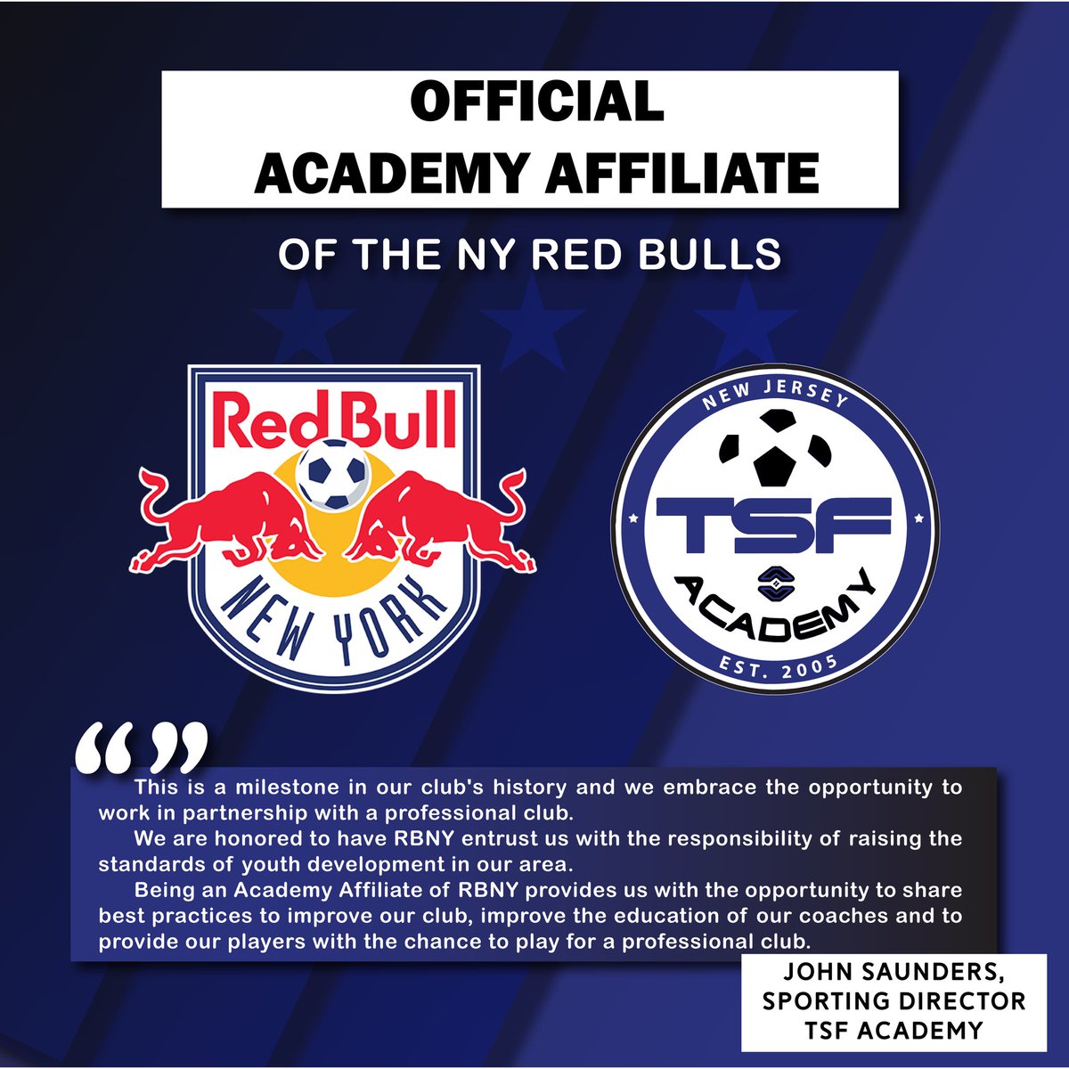 TSFAcademy's tweet photo. ANNOUNCEMENT: TSF Academy are excited to announce that we are now an Academy Affiliate of the New York Red Bulls! The future is bright between these clubs and we are proud to be part of it โฝ๏ธ
#tsfacademy #nyredbulls #soccer #academy #futbol #bleedblue #bluereign #brightfuture https://t.co/HwHgoXLJk4