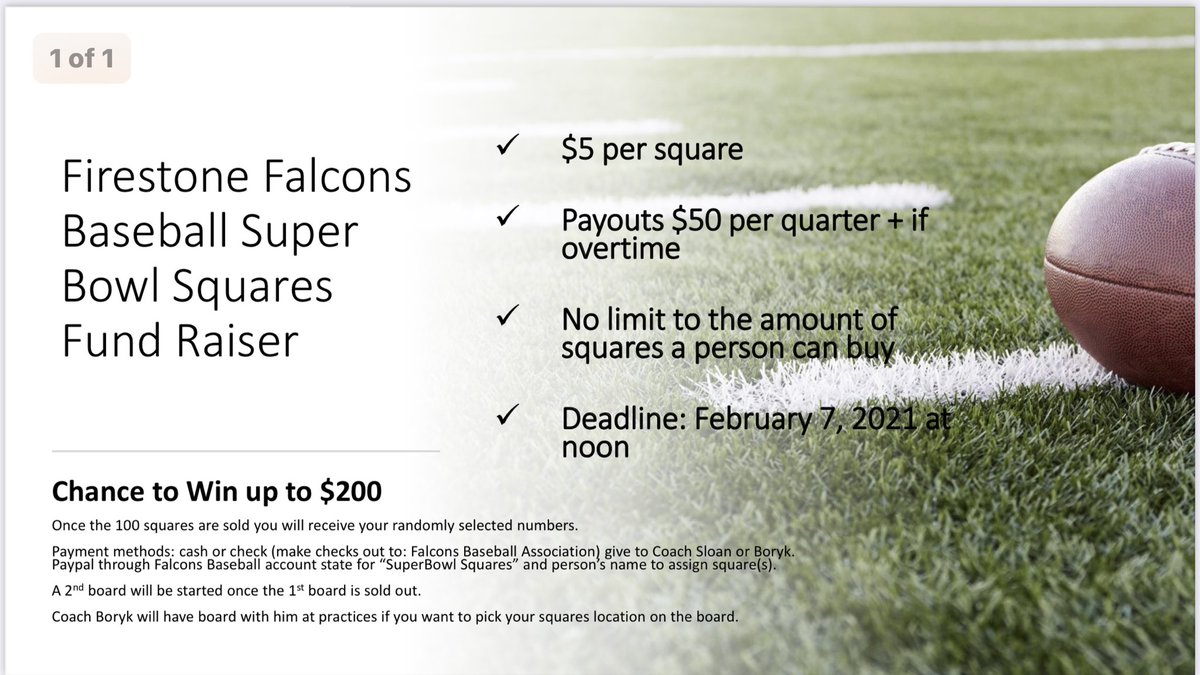 stone_baseball's tweet photo. We’ve decided to “kick off” the 2021 season with a fun and easy Super Bowl Squares Fundraiser! #firestonefalcons https://t.co/7Dpen124LM