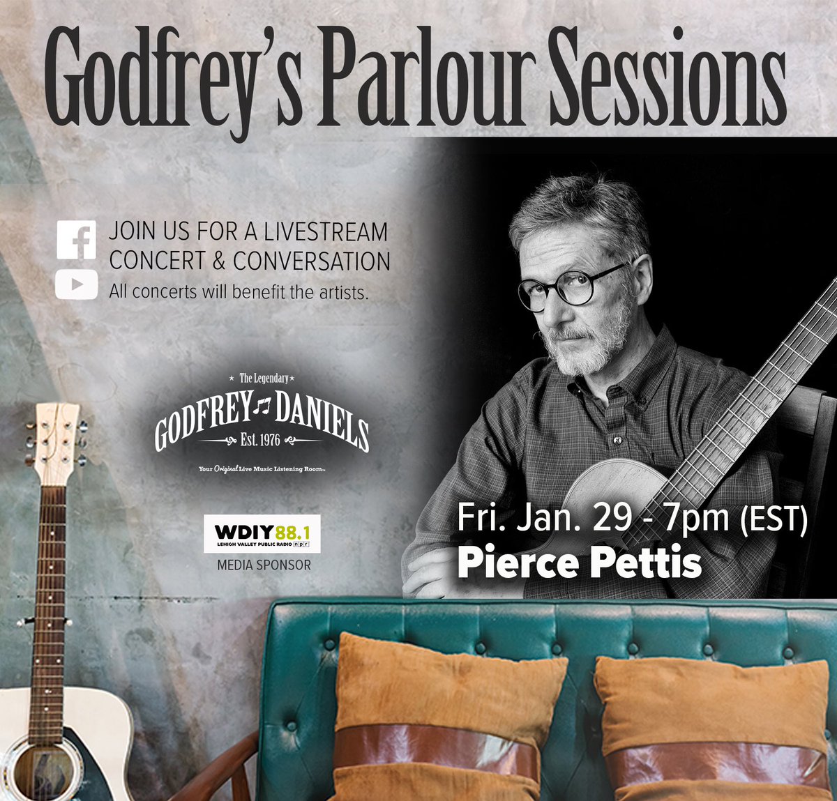 Tonight at 7:00 EST, Godfrey’s Parlour Session: Pierce Pettis Join us for an intimate livestream concert and conversation, hosted by @Dina_Hall, sponsored by @WDIYFM