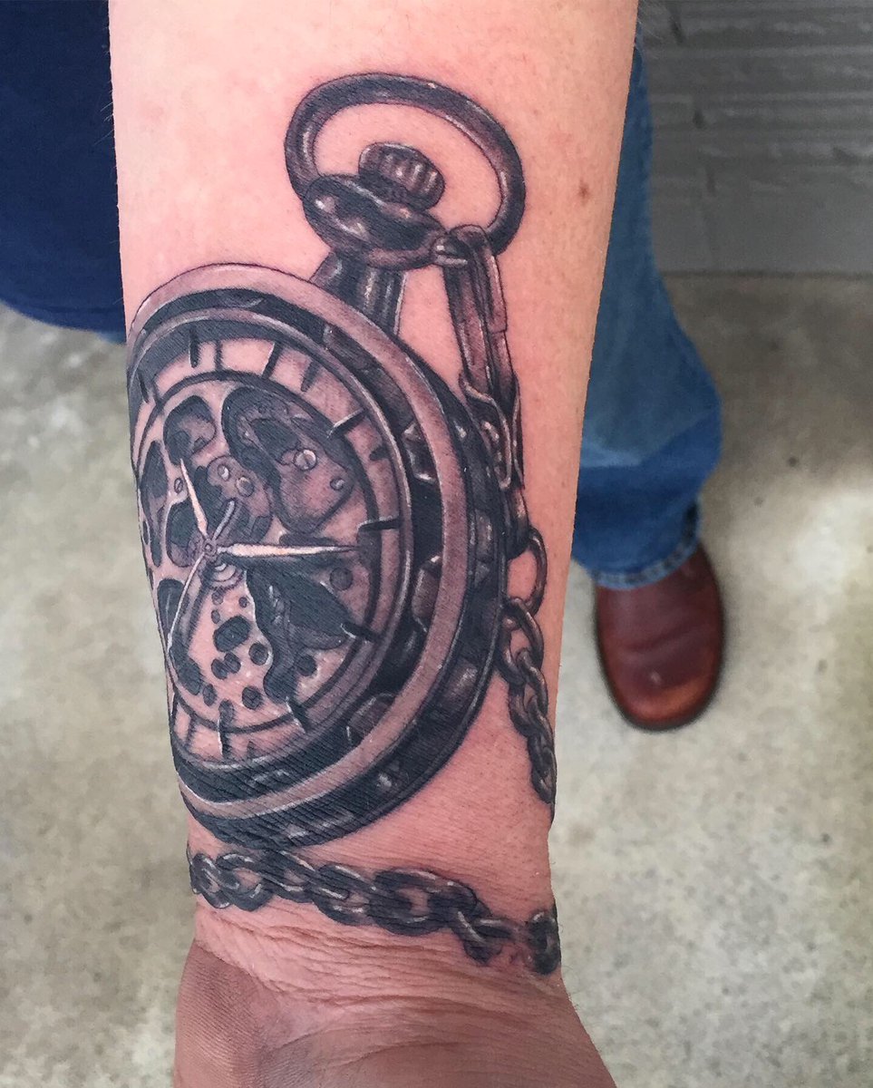 The wrap makes it a little hard to see but check out this fun pocket watch done the other day!! #blackandgrey #realsim #pocketwatch #tattooart #tattooartist #tattoolife #shopdays #shoplife #xionpen #dynamic  #empireinks #tattoos #tattooed #pocketwatch #forearm #blackbeetattoos