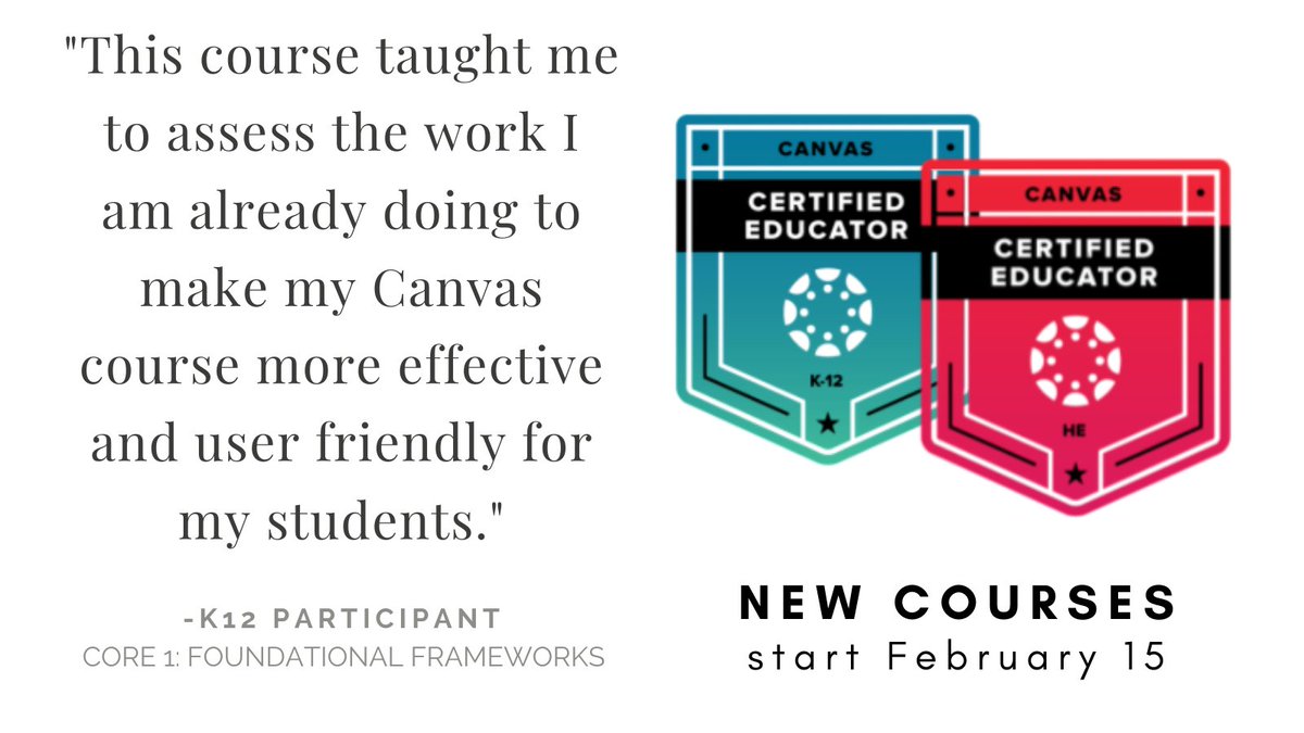 Interested in <a href="/CanvasLMS/">Canvas LMS</a> Canvas Certified Educator? New courses are open for registration! Whether you're just getting started with CORE 1, keeping your learning going with CORE 2, or getting to halfway with CORE 3, all are starting February 15! learn-cce.catalog.instructure.com