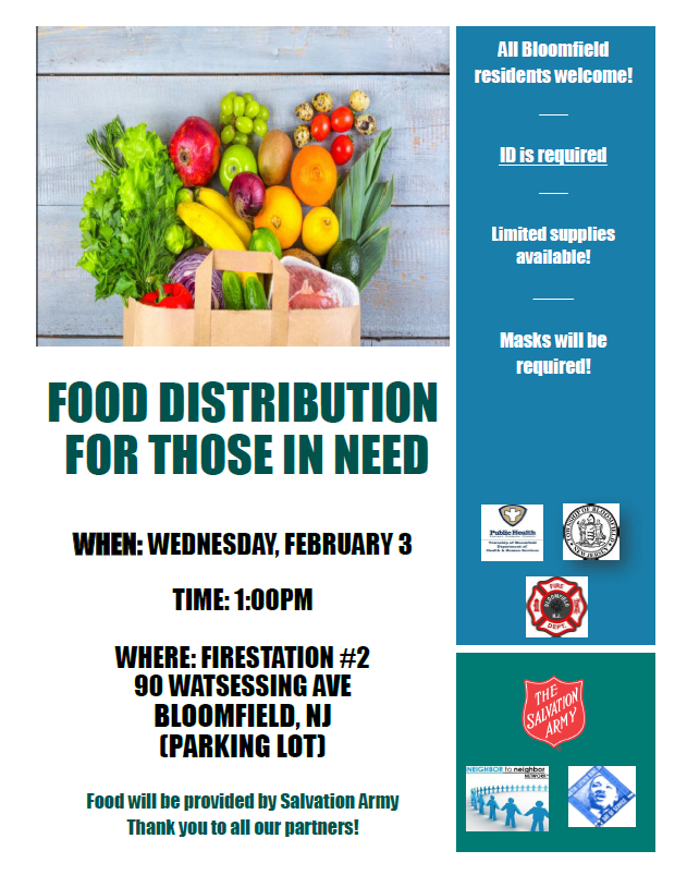 N2NNetworkNJ's tweet photo. Food distribution event this Wednesday, Feb 3rd at 1:00pm at Fire station #2 in Bloomfield. Please share this flyer with anyone in need. @BloomfieldHDNJ https://t.co/jQkKS264vr
