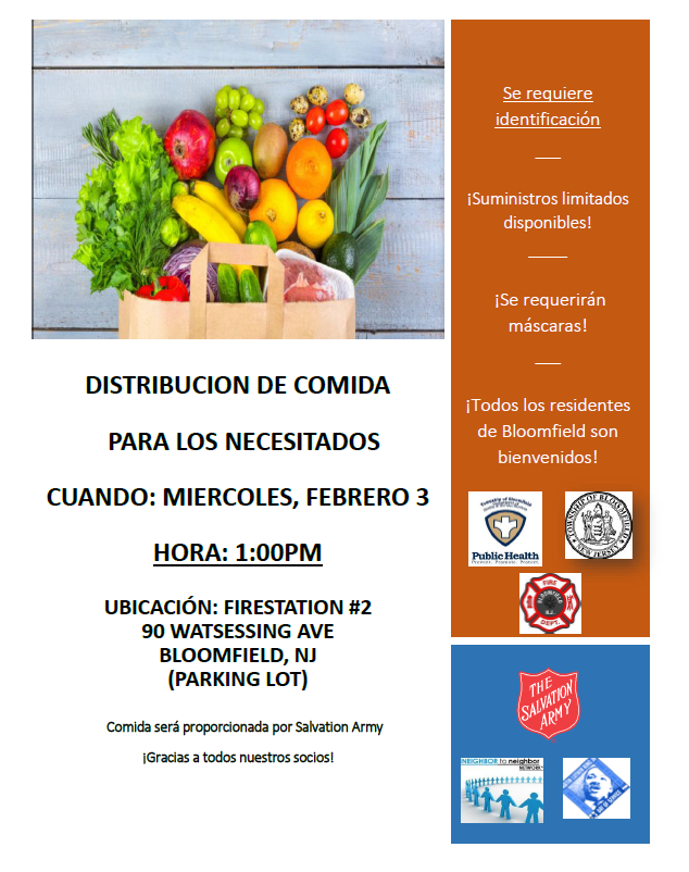 N2NNetworkNJ's tweet photo. Evento de distribución de alimentos este miércoles 3 de febrero a la 1:00 pm en la estación de bomberos # 2 en Bloomfield. Comparta este folleto con cualquier persona que lo necesite. @BloomfieldHDNJ https://t.co/pnyPoHgxtu