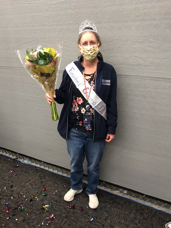 dcsheriff's tweet photo. We want to share with you how proud we are of one of our records clerks for pushing through 12 rounds of chemo and still showing up to work with a smile on her face everyday! Although she’s wearing a mask, we can still see the happiness in her face 😊 We’re so proud of you, Kim! https://t.co/YZFzXjZiK5