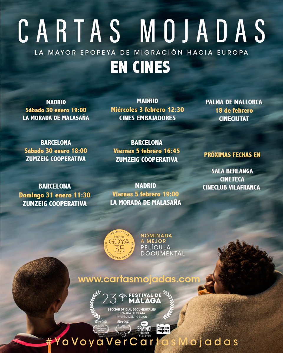 Seguimos en cines y próximamente en más fechas y más sedes
.
#CartasMojadasFilm #CartasMojadas #Migracion #Europa #Libia #Med #blacklivesmatter✊🏽✊🏾✊🏿 #OpenArms #ElBarcoRojo #NOaEstePactoMigratorio
#PremiosGoya2021 #35PremiosGoya #YoVoyaVerCartasMojadas #PremiosGoya
