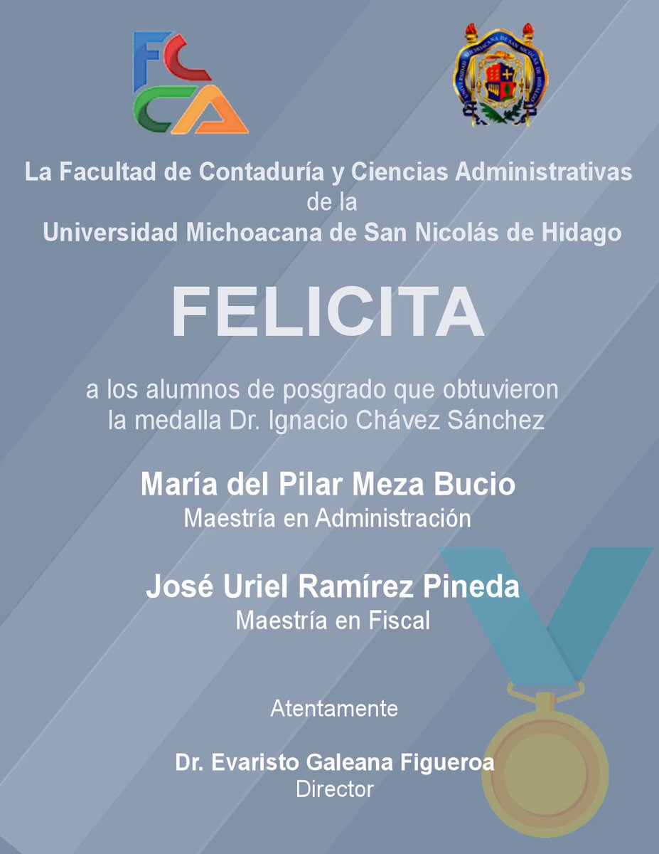 FCCA_UMSNH's tweet image. La FCCA-UMSNH felicita a alumnos que obtuvieron la medalla Dr. Ignacio Chávez Sánchez 2020