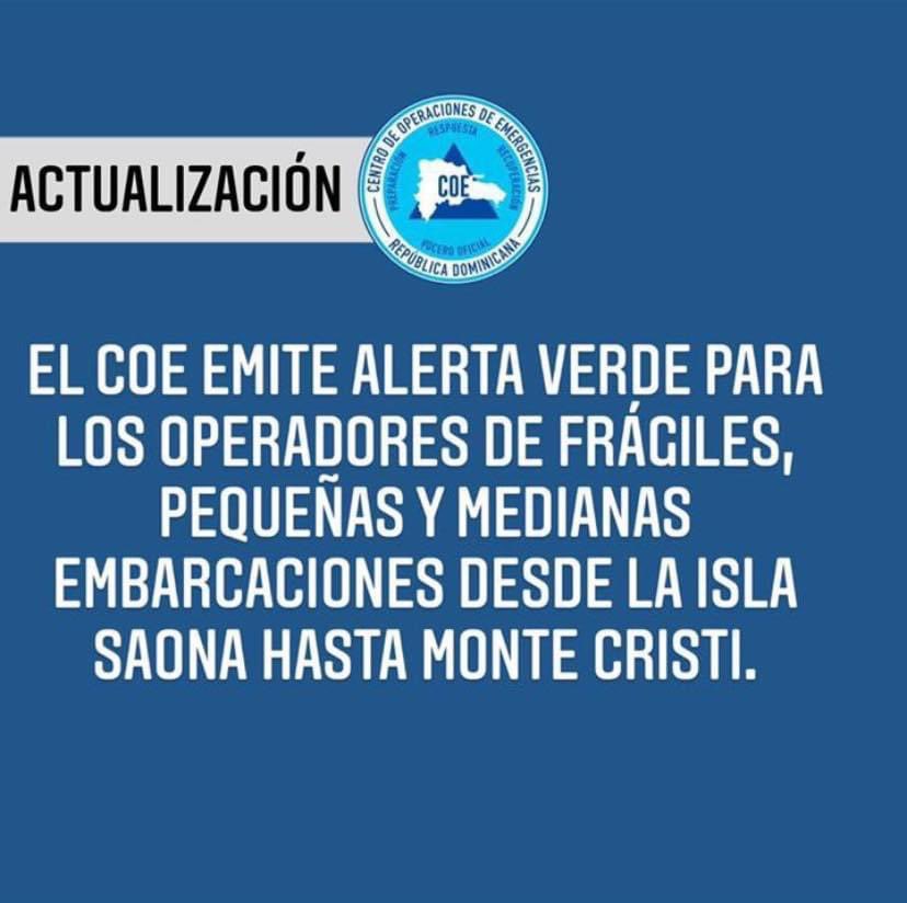 BVPC_Oficial's tweet photo. #Atentos | El @COE_RD emite #AlertaVerde para los operadores de frágiles, pequeñas y medianas embarcaciones desde Isla Saona hasta Monte Cristi.

#BomberosVPuntaCana https://t.co/tpR0mxq4tQ