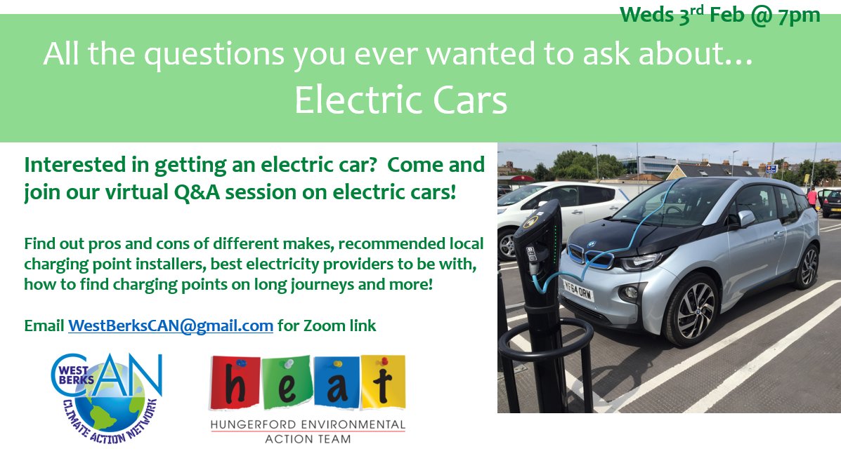 Thinking of getting an electric car? Come and join us and <a href="/HEAT43152028/">HEAT</a> to join an informal Q&amp;A session next Wednesday on Zoom at 7pm!

<a href="/XR_Newbury/">Extinction Rebellion Newbury ⏳🌎</a>