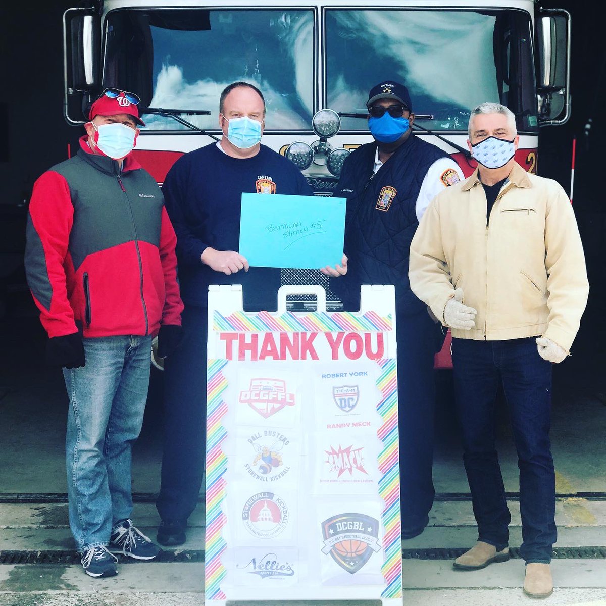 TeamDCSports's tweet photo. We were able to deliver another #HeroesMeals today, 45 meals in total, to DC’s Battalion Station #5 (Fire &amp; EMS).

#teamdcsports #dc_gay_basketball #DCGBL #dcgffl #stonewallkickball #ballbustersSKDC #ryork24 #nelliessportsbar #lgbtsports #covid19 #givingback https://t.co/ONr702pAuW