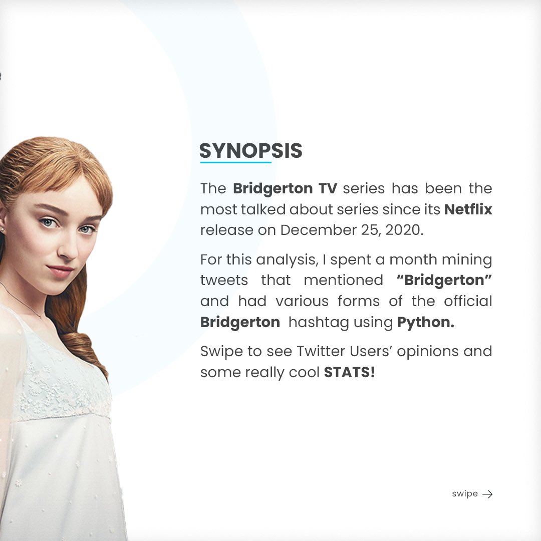 jessica_xls's tweet photo. 𝗕𝗥𝗜𝗗𝗚𝗘𝗥𝗧𝗢𝗡: I carried out an analysis of over 300K tweets that included hashtags &amp; mentions of Netflix’s most-steamed TV series #Bridgerton using Python.
• Concept &amp; Analysis: @jessica_xls
• Storyboard design: @steeev_y of @ren_concepts
Follow the thread to learn more https://t.co/sPFXzQ9nIh