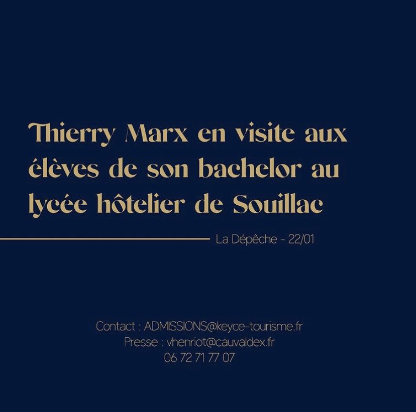 CauvaldEx's tweet photo. #ThierryMarxCollege 🧑🏼‍🍳👩🏽‍🍳👨🏾‍🍳

« Mes élèves veulent du fun avant tout »

Pour rejoindre la nouvelle promotion de Septembre c’est ici :

✉️ ADMISSIONS@keyce-tourisme.fr
✉️ vhenriot@cauvaldex.fr
📱06 72 71 77 07 https://t.co/M71uiB4igG