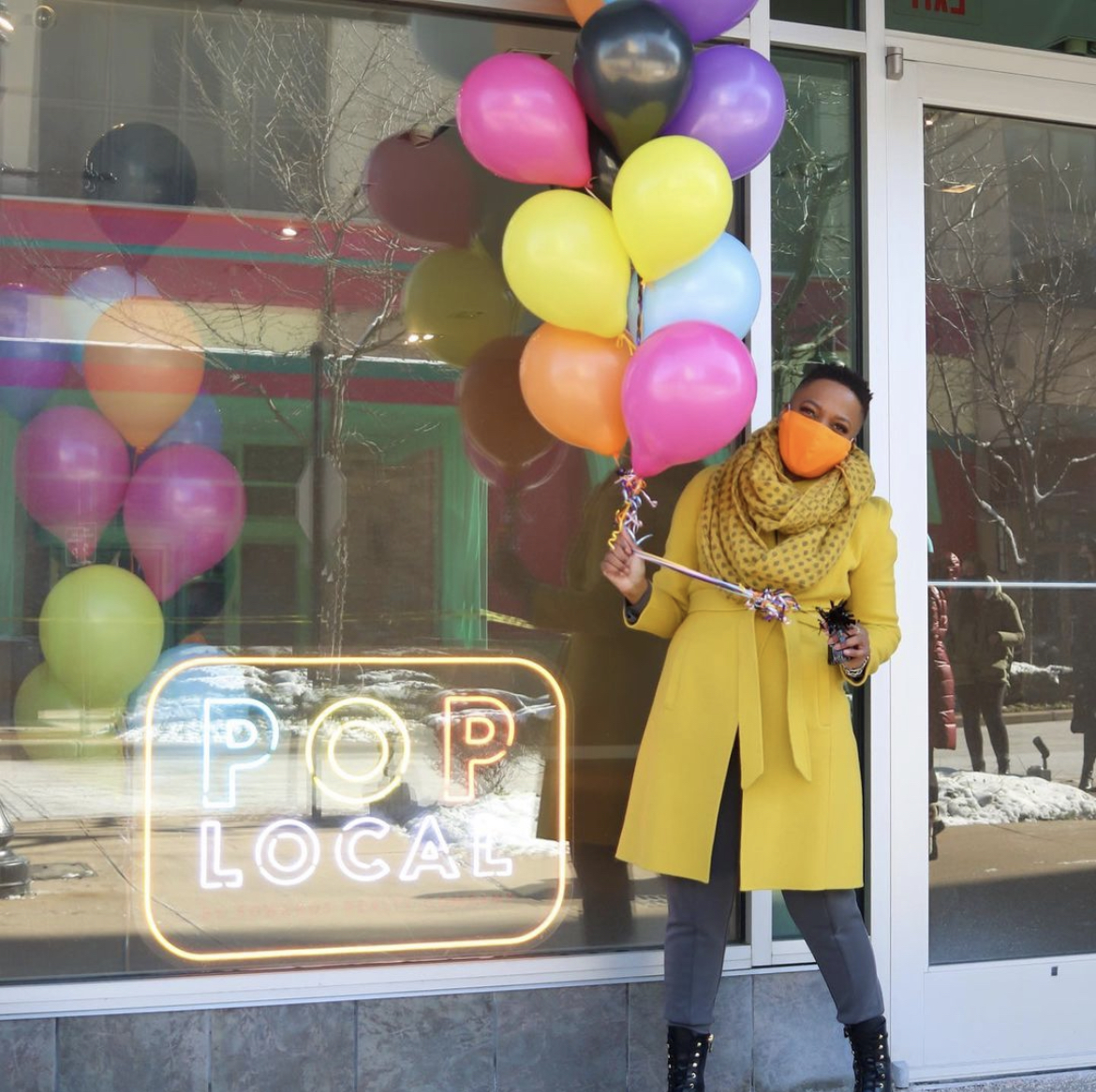 The always-chic <a href="/economyofstyle/">Psyche Southwell</a> is so on brand in #PopLocal colors!
🎈💛💜🧡🎈

Applications are open for the chance to make this storefront your own! Now through 2/19, small businesses may #apply to occupy this space for 3 months, rent-free!

Learn more: bit.ly/3qZppdZ
