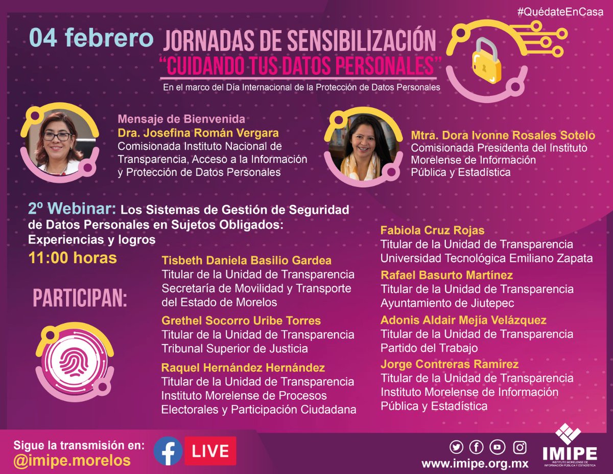 _IMIPE's tweet photo. 🔴 Te esperamos en el 2do. Webinar sobre #SGSDP.
📆 4 de feb, 11h.
Participan: Comisionada @JosefinaRomanV (@INAImexico) presidenta del #IMIPE @D_IvonneRosales; @impepac, @utez_morelos, @TSJMorelosOf, @PTMorelos, @JiutepecDe y @SMyT_Morelos.
#MesDeLaprotecciónDeDatosPersonales https://t.co/IMjtEoPz6n