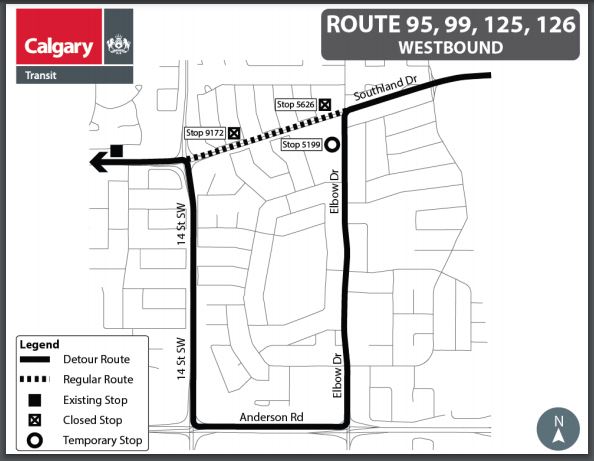calgarytransit's tweet image. #CTRiders Starting today at 9:00 &amp;amp; until Feb 1st Southland Dr will be closed to traffic in the westbound direction between Elbow Dr &amp;amp; 14 St SW. Stops 5626 &amp;amp; 9172 temporarily closed. Temp stop at 5199. #Route95 #Route99 #Route125 #Route126 will be detoured ow.ly/7u5m50DkcIw