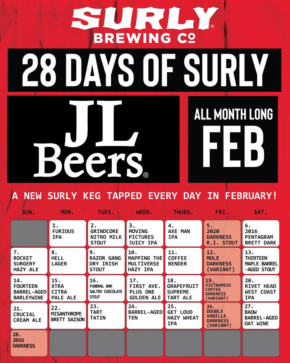 #SURLY #SURLY #SURLY 
Now that we've got your attention, we have an announcement... #ITSBACK! Starting Monday, February 1st we will be tapping a <a href="/surlybrewing/">surlybrewing</a> keg every day (and let's not forget about the prizes!) Stay tuned for more details and... #DONTSETTLE #GETSURLY #jlbeers