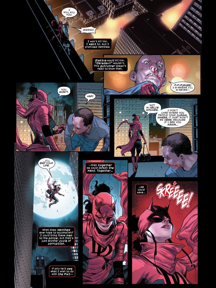 TalkingNatchios's tweet photo. Over to Elektra who has no illusions or desire to put on a mask for a new start - admitting to herself Daredevil is just a means to an end to her while still being bemused about Matt’s tactics and having to lower herself to using them https://t.co/lxaf78UHGR