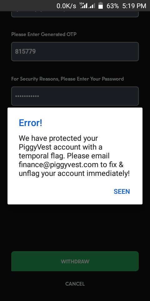 Ashlov12's tweet photo. @PiggyBankNG please how can i fix and unflag my account, i have urgent need to attend to please https://t.co/mB3ES08j06