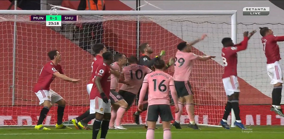 Their Goal IDuring the game I said this wasn't enough for a foul and de Gea should be doing better. I stand by the latter part but not the former. This is clearly a foul on de Gea and there is no other plausible explanation for why it isn't. You cannot do this as per the rules.