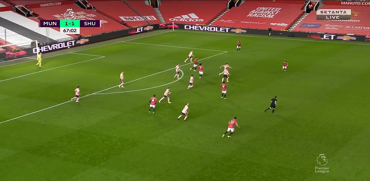 Defending IIMartial plays a poor pass to Cavani — this is an easy pass for him — and whilst we have four men in front of the ball he makes himself a fifth even though he's behind it. Why? Because he complains instead of tracking. Rather, Fernandes has to do that work.