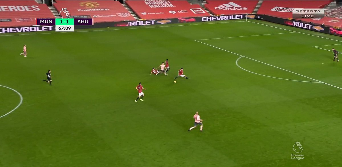 Defending IIMartial plays a poor pass to Cavani — this is an easy pass for him — and whilst we have four men in front of the ball he makes himself a fifth even though he's behind it. Why? Because he complains instead of tracking. Rather, Fernandes has to do that work.