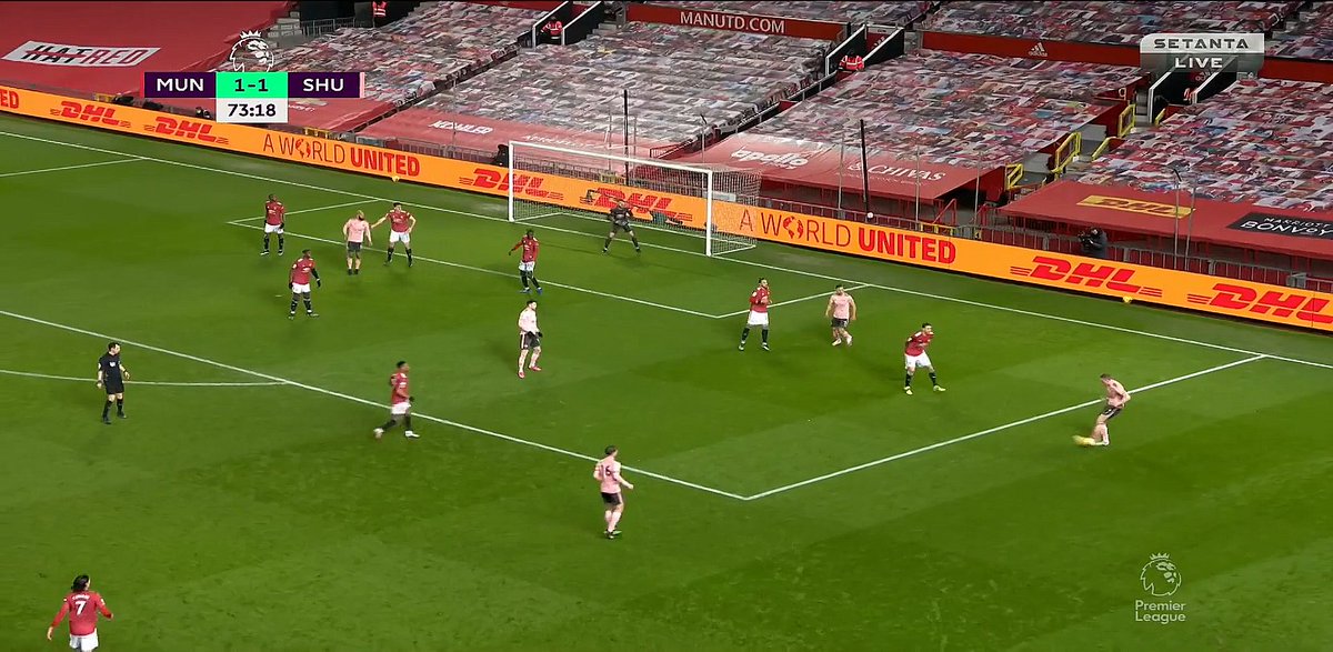 Their Goal IIThe same pass is played twice and it's uncontested both times! For the goal, Lundstram isn't closed down effectively and then Fernandes and Rashford leave Pogba to guard two players — Burke and another at the edge. If one of them drops then this is solved.
