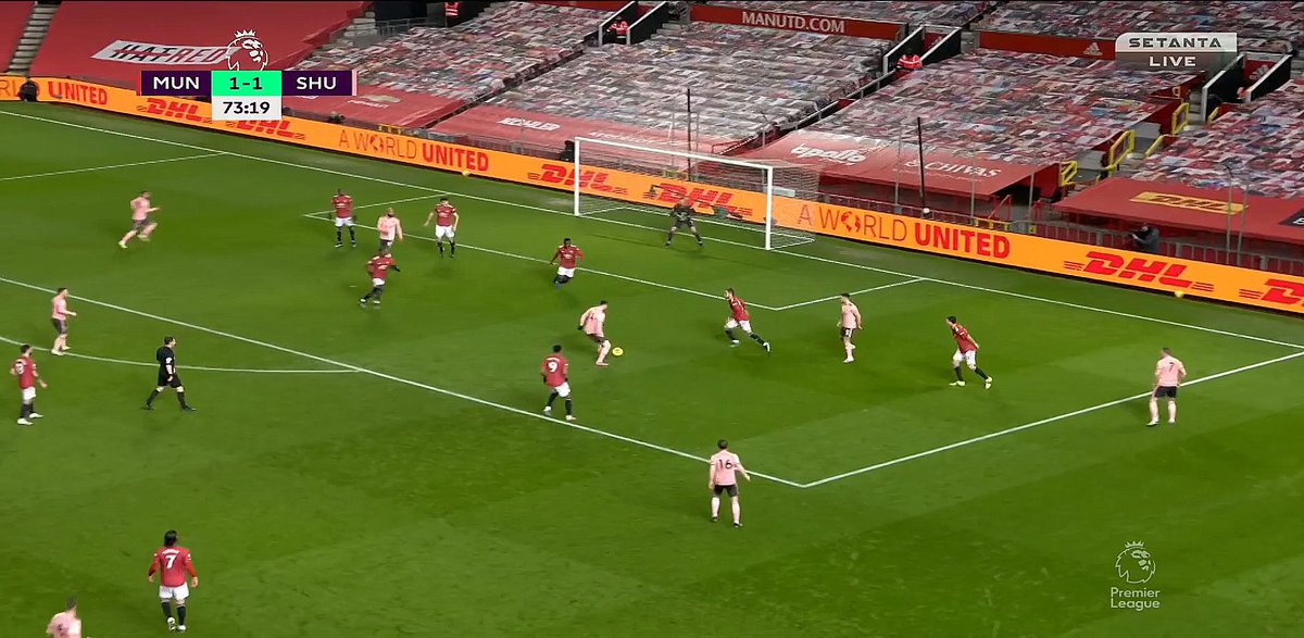 Their Goal IIThe same pass is played twice and it's uncontested both times! For the goal, Lundstram isn't closed down effectively and then Fernandes and Rashford leave Pogba to guard two players — Burke and another at the edge. If one of them drops then this is solved.