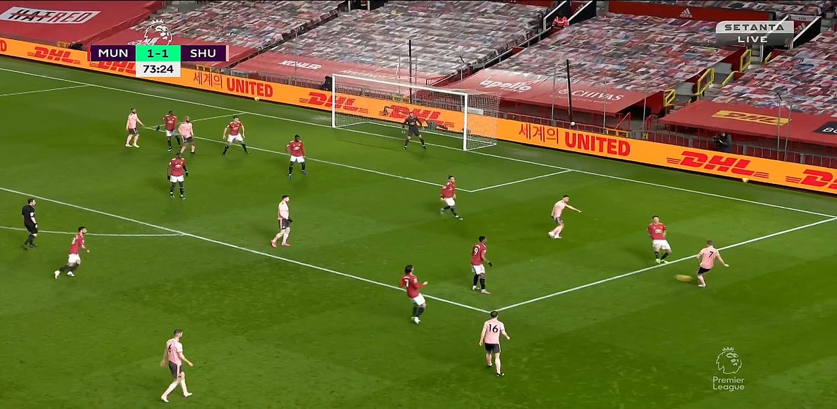 Their Goal IIThe same pass is played twice and it's uncontested both times! For the goal, Lundstram isn't closed down effectively and then Fernandes and Rashford leave Pogba to guard two players — Burke and another at the edge. If one of them drops then this is solved.