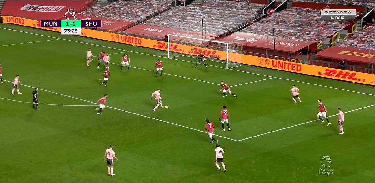 Their Goal IIThe same pass is played twice and it's uncontested both times! For the goal, Lundstram isn't closed down effectively and then Fernandes and Rashford leave Pogba to guard two players — Burke and another at the edge. If one of them drops then this is solved.