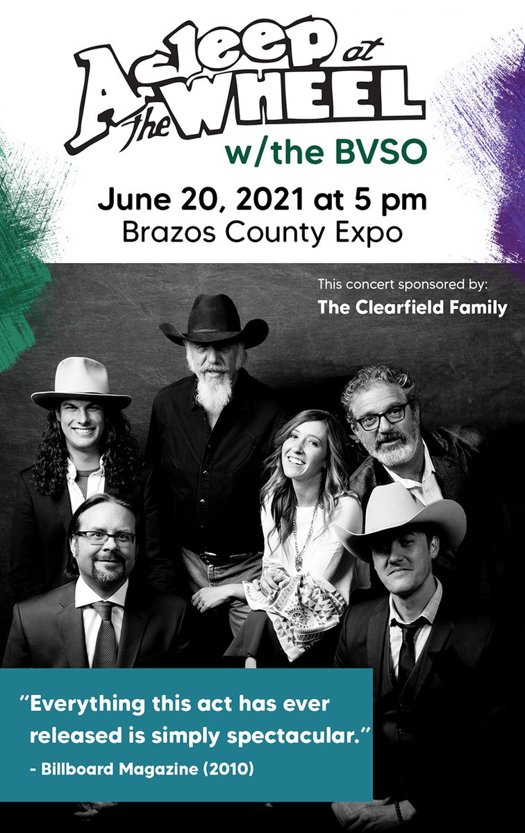 bvso's tweet photo. MARK YOU CALENDARS!
Asleep at the Wheel, joins the BVSO on stage! This country music classic has a fresh look, as an 8-piece band with talented additions on vocals, fiddle, mandolin, keyboard, and bass. June 20, 2021 at 5pm at the Brazos County Expo
https://t.co/essGM9UG9z https://t.co/RketCCOTCB