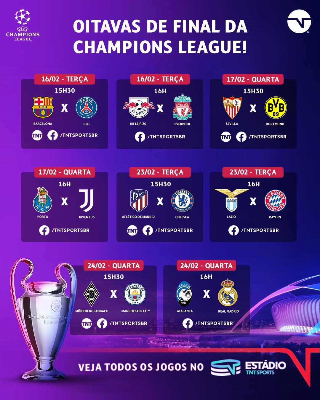 TNT Sports BR on X: TEMOS DATAS E HORÁRIOS! 📅⏱️🔥 Já anota aí na sua  agenda pra não perder NENHUM jogo das quartas de final da UEFA Champions  League, onde TUDO é