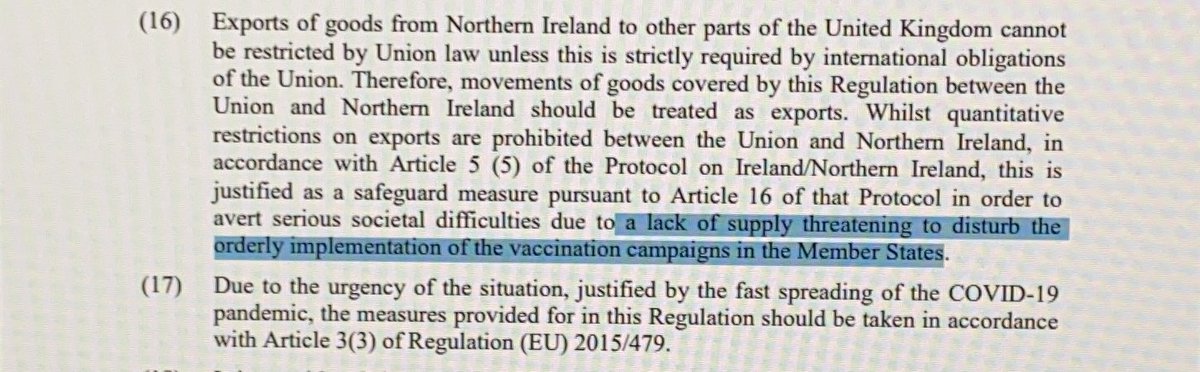 4. How does extending the export ban to NI specifically serve to prevent “disturb[ing] the orderly implementation of the vaccination campaigns in the member states”?5. What is the duration of the safeguard measure taken under Art 16?(3/n)