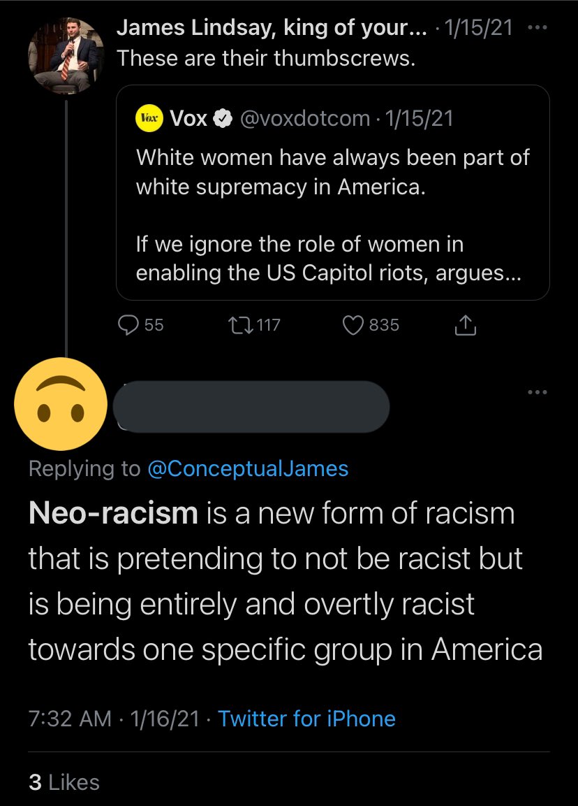 3/ Today, neoracism appears to be either synonymous with reverse racism or the idea that anti-racism is condescending - i.e., a term used by anti-anti-racists to do the ol’ switcheroo and say, “I’m rubber and you’re glue” to people trying to accomplish racial justice.