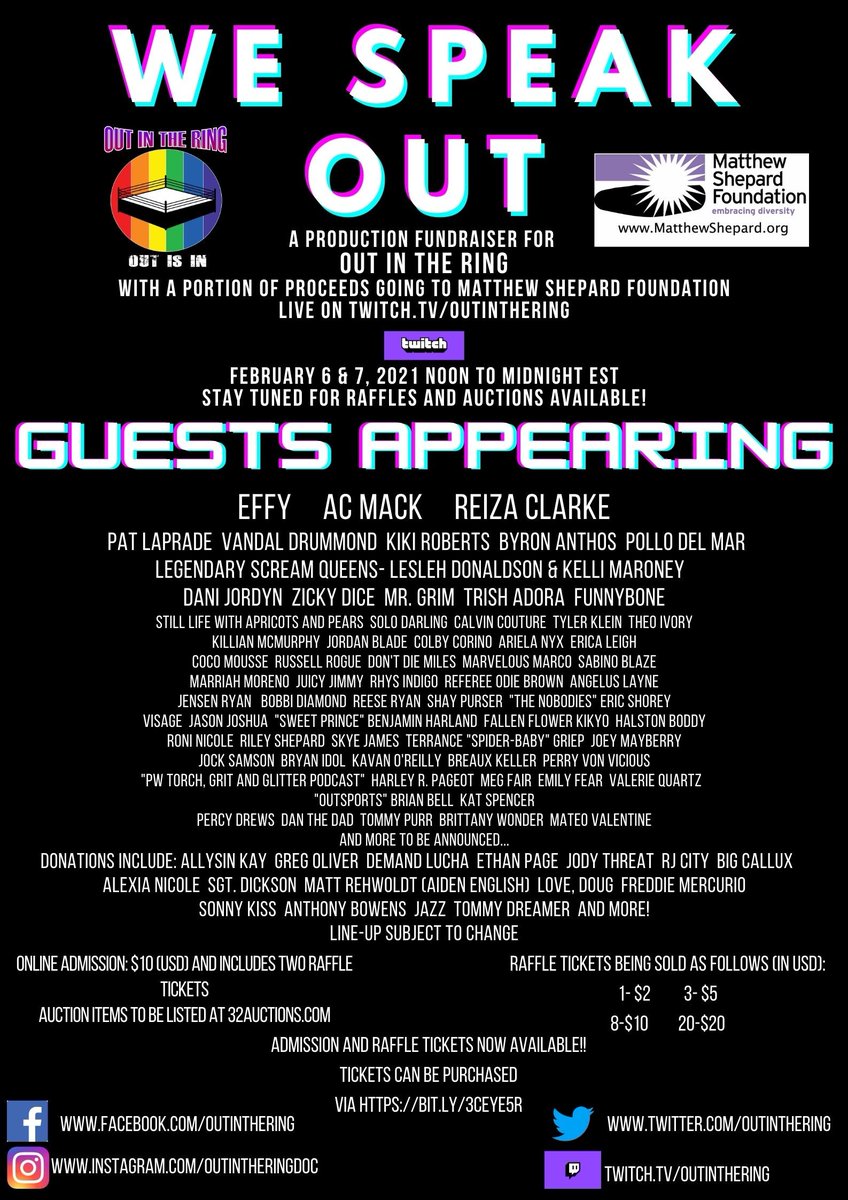outinthering's tweet photo. Nearly 100 Guests, dozens of raffle/auction prizes, 4 a donation of $10.00 U get wknd access (+ 2 Raffle tix) 2 one of the coolest events WE SPEAK OUT, benefiting #LGBTQIA wrestling doc @outinthering (Portion of proceeds 2 #MatthewShepardFDN)
Tix: https://t.co/AHiPMBfFxd #BUYNOW https://t.co/WMsrMWrOle