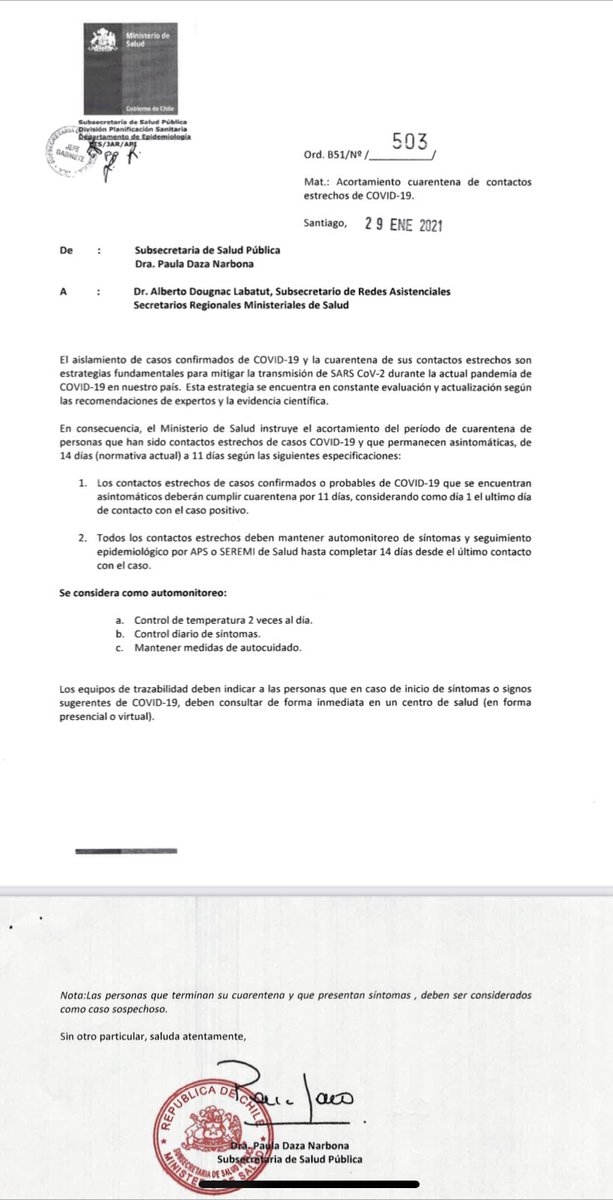 izkia's tweet photo. Atención: Se reduce Cuarentena de Contacto Estrecho de 14 a 11 días. 👇🏽👇🏽👇🏽 Con seguimiento de aparición de síntomas hasta día 14. https://t.co/dvG889FKpJ