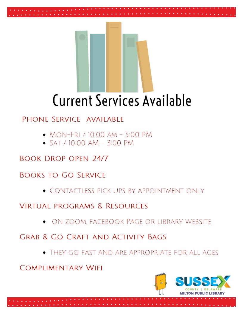 Milton Public Library Services Available!
 #mpldeinforms #mpldecares libraryaware.com/287QPM
