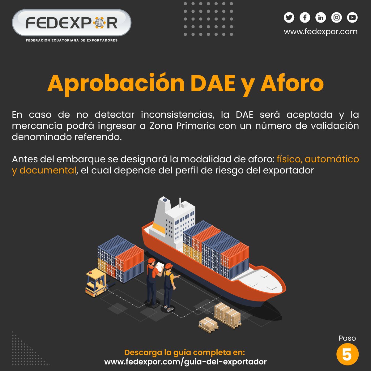 Fedexpor's tweet photo. 🇪🇨➡🌎 La aceptación de la declaración aduanera de exportación es el último paso documental para el ingreso del producto a zona primaria aduanera.

➡ #Paso5 Aprobación DAE y Aforo.
#EcuadorExporta

Descarga nuestra guía aquí👇🏽:
https://t.co/VqNc0pYKKS https://t.co/uwuflTS00B