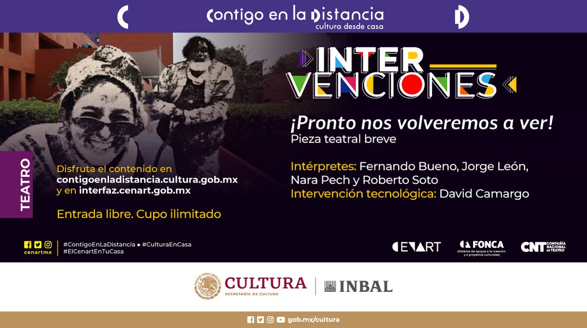 cenartmx's tweet photo. "¡Pronto nos volveremos a ver!" es una pieza teatral interpretada por actores y actrices de la @CNTeatromx e intervenida por David Camargo del @cmm_cenart.
 
En el Cenart también nos haces falta por eso seguimos #ContigoEnLaDistancia.

¡No se la pierdan!⬇️
https://t.co/Izb5Zdlg4b https://t.co/U4G9tiTRE6