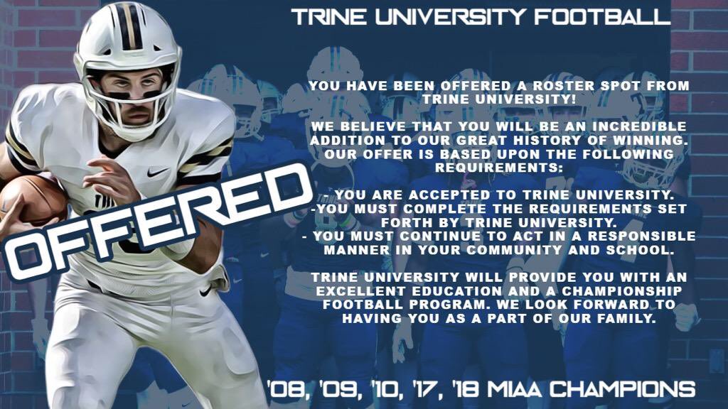 ricky202150's tweet photo. Blessed to receive an offer from Trine University! @CoachBCullen @CoachAbbs @CoachJKinsey https://t.co/4EBO9o76Zr