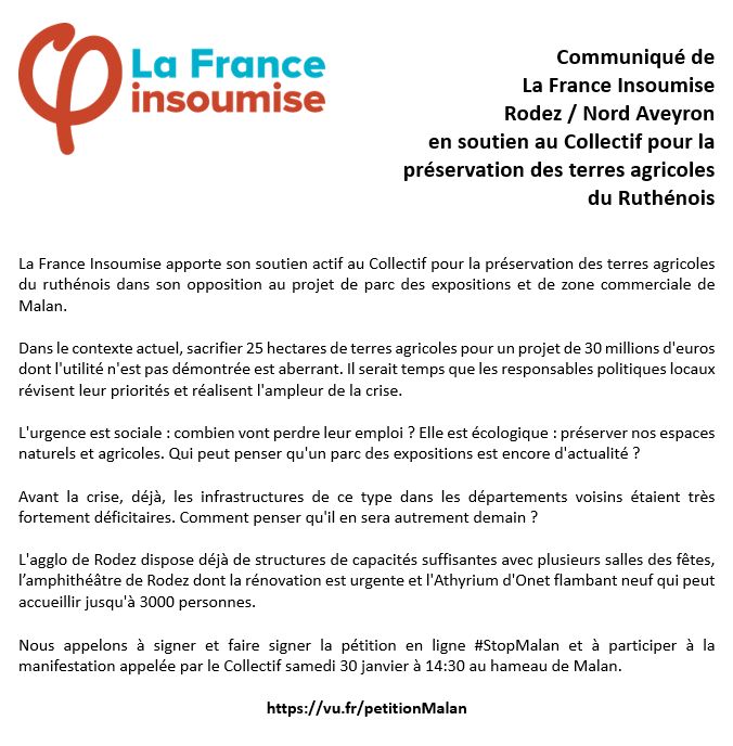 insoumis_rodez's tweet photo. #STOPMALAN :
@FranceInsoumise apporte son soutien actif au Collectif pour la préservation des terres agricoles du Ruthénois
dans son opposition au projet de parc des expositions et de zone commerciale de Malan.
#Rodez #Aveyron https://t.co/U3FTvp0O60