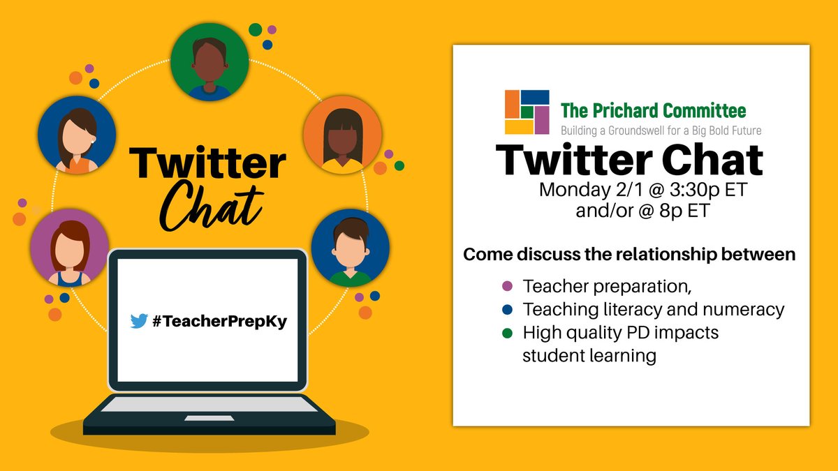 PrichardCom's tweet photo. 🚨🚨🚨 Kentucky Educators: We hope you can join us Monday afternoon (or evening!) for a #TwitterChat on teacher prep, literacy and numeracy teaching practices, and quality professional development! #NBCTstrong #KyEdChat #KyLChat #P3KY #KyAdmin #TeacherPrepKY https://t.co/ih6MzEhJ0S